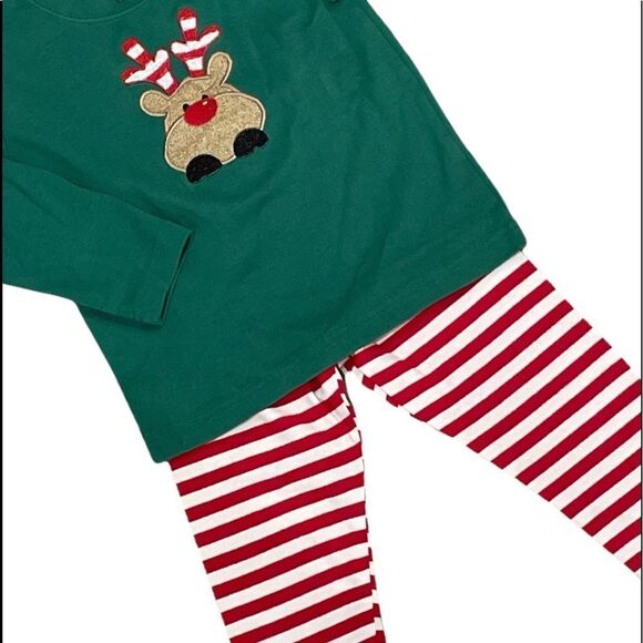 Monag Green long sleeve tee with appliqué Rudolph and Candy Cane Leggings - Picture 2 of 6